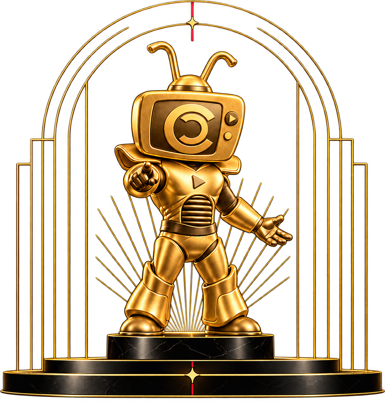 Canalito, el trofeo dorado de Central Space Awards, sobre un pedestal con arcos dorados
