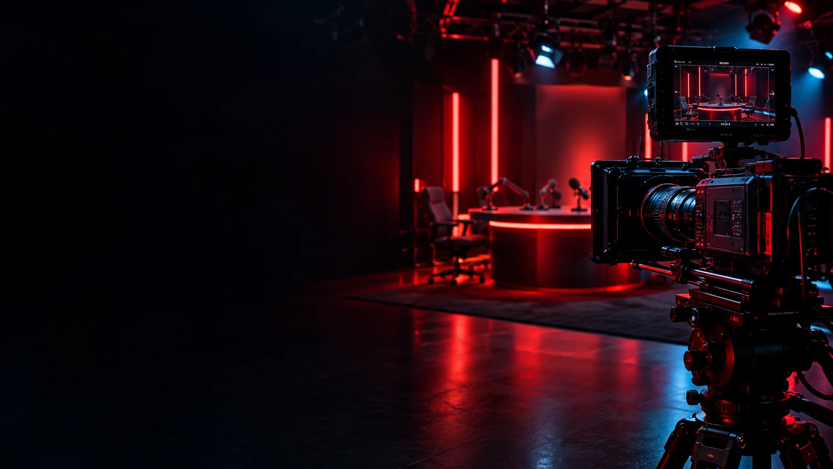 Cámara de producción en un estudio iluminado en rojo